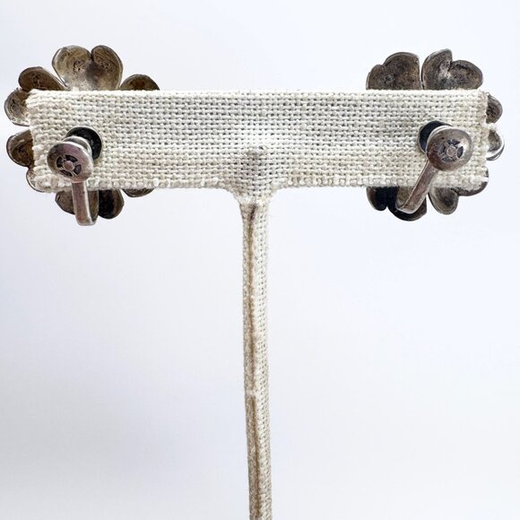 Sterling Silver 925 Turquoise Puffed Flower Screw Back Earrings Size 1" Length - Picture 6 of 13